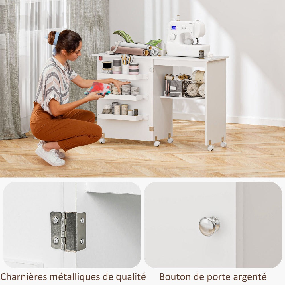 Mesa de costura plegable HOMCOM con tablón abatible, contenedores de almacenamiento, estante abierto y ruedas, gabinete para máquina de coser para sala de estar, oficina, estudio, dimensiones 118 x 40 x 79.5 cm, blanca