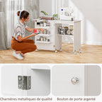 Mesa de costura plegable HOMCOM con tablón abatible, contenedores de almacenamiento, estante abierto y ruedas, gabinete para máquina de coser para sala de estar, oficina, estudio, dimensiones 118 x 40 x 79.5 cm, blanca