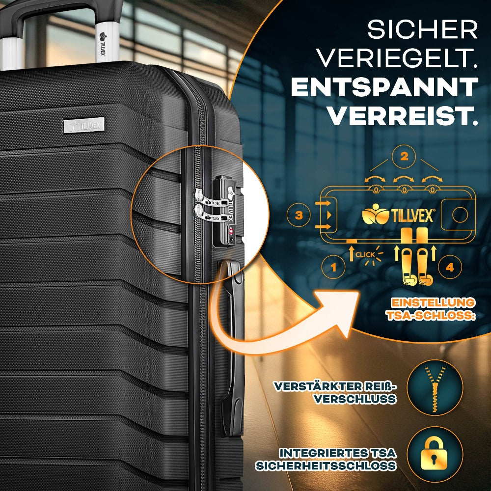 Tillvex® Juego de Equipaje de Viaje con Báscula, Correas y Etiquetas | Maleta de 4 Ruedas | Equipaje con Candado TSA | Juego de Maletas de Carcasa Dura