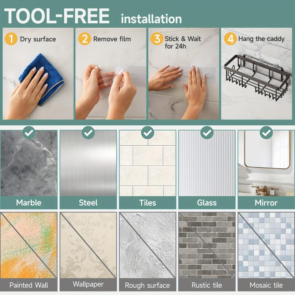 Juego de 6 estantes de ducha de acero inoxidable a prueba de óxido, organizador de baño adhesivo sin taladro, estantes de ducha que ahorran espacio para elementos esenciales de apartamento, baño, almacenamiento de cocina, decoración del hogar rentable, es