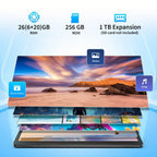 Tableta QDDQ Android 15 con teclado, 256 GB de almacenamiento, 26 (6+20) GB de RAM, expansión SD de 1 TB (sin tarjeta SD), tableta 2 en 1, tableta de 10.1 pulgadas con funda, ratón, lápiz óptico, IPS de 1280x800, inalámbrica 2.4G/5G, tableta WIFI, Tipo-C