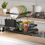 Escurridor de platos de 2 niveles con bandeja de goteo, escurridor de platos compacto para tazas, cuchillos, cucharas, tenedores - Regalo perfecto para mujeres, esposa, gadget de cocina para el Día de la Madre, tamaño 34 x 22 x 26cm