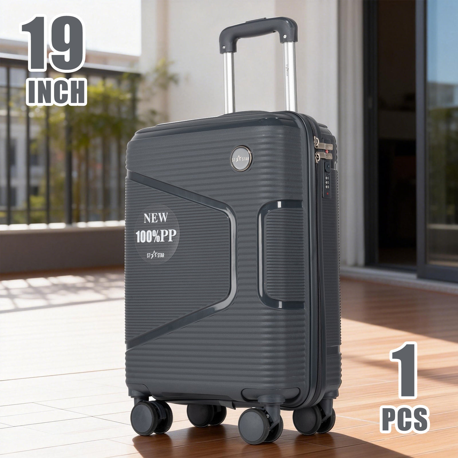 Equipaje de mano de 19 pulgadas | 8 colores, 100% PP ligero y anti-deformación | Cerradura de contraseña Trinity, cremallera protectora suave, asa elástica | Se adapta a los compartimentos superior de los aviones