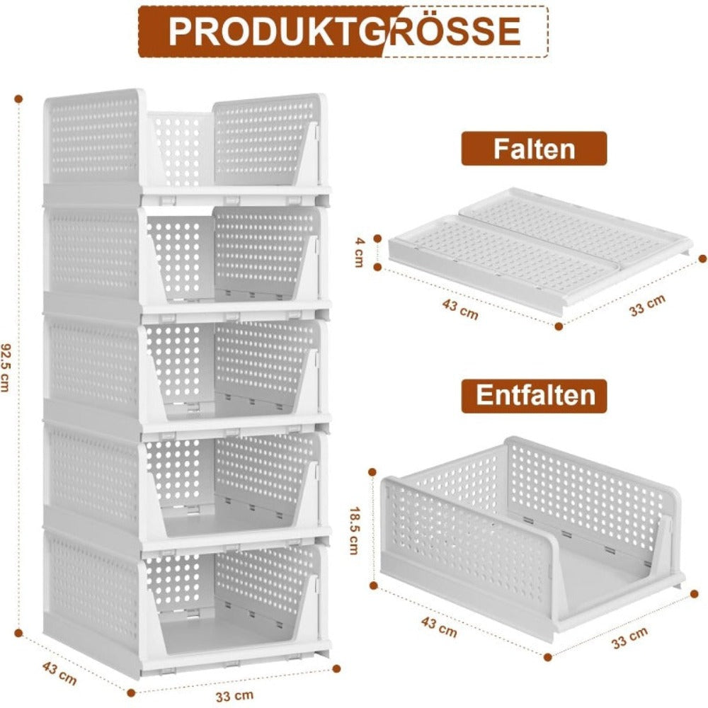 4 piezas Organizador de Armario | Cajón Apilable, Sistema Extensible y Plegable, Caja de Almacenamiento de Ropa de Plástico para Dormitorio, Cocina, Blanco - Furnestorica