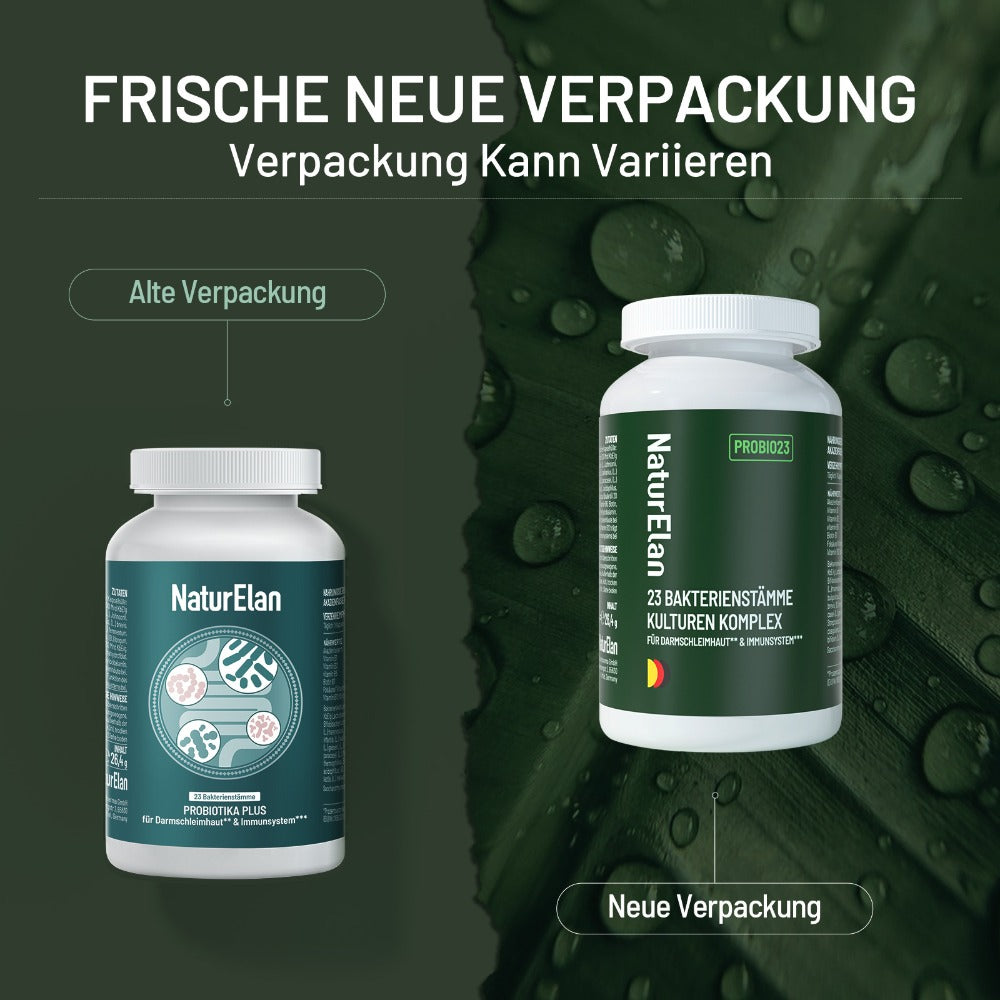 Cápsulas de cultivos probióticos complejos, 23 cepas bacterianas con complejo B activo y fibra de acacia, resistentes al ácido estomacal, veganas, 20,5 mil millones de UFC/dosis diaria, fabricadas en Alemania, 60 cápsulas, Naturelan