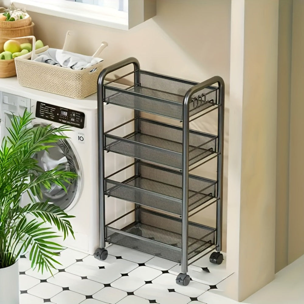 Estante de Cocina Multifuncional de Metal de Tres/Cuatro Niveles con Ruedas, Estante de Almacenamiento de Alta Resistencia, Adecuado para Garaje y Cocina, Gran Capacidad, Fácil de Montar, Estante y Gabinete de Cocina, Estante Práctico, Ideal para Cocina y