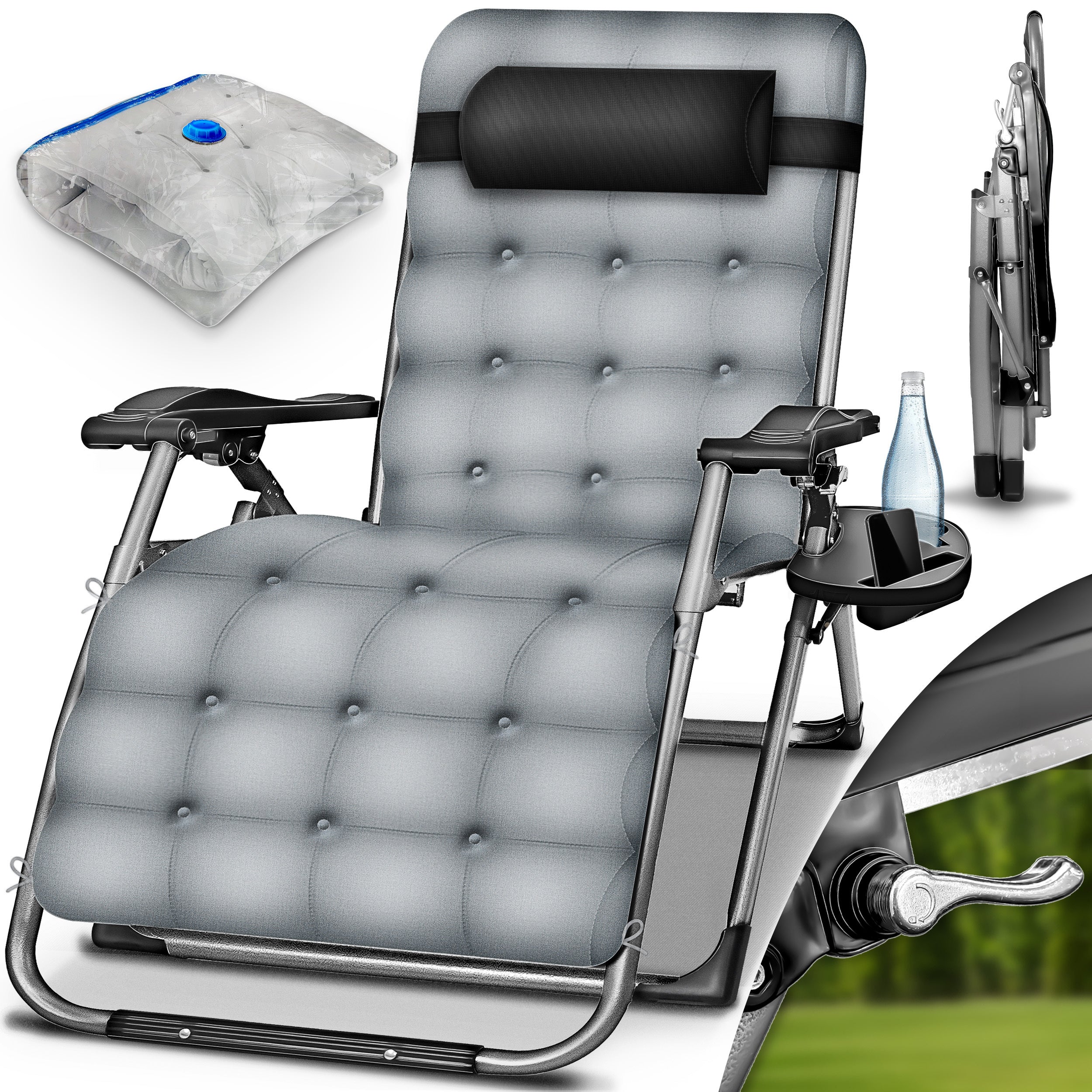Tillvex® Tumbona Reclinable Plegable hasta 200Kg, Sillón de Sol para Jardín Exterior, Resistente a la Intemperie para Balcón, Jardín y Terraza, Ajustable con Acolchado Grueso, Reclinable, Extra Ancha, con Soporte para Bebidas
