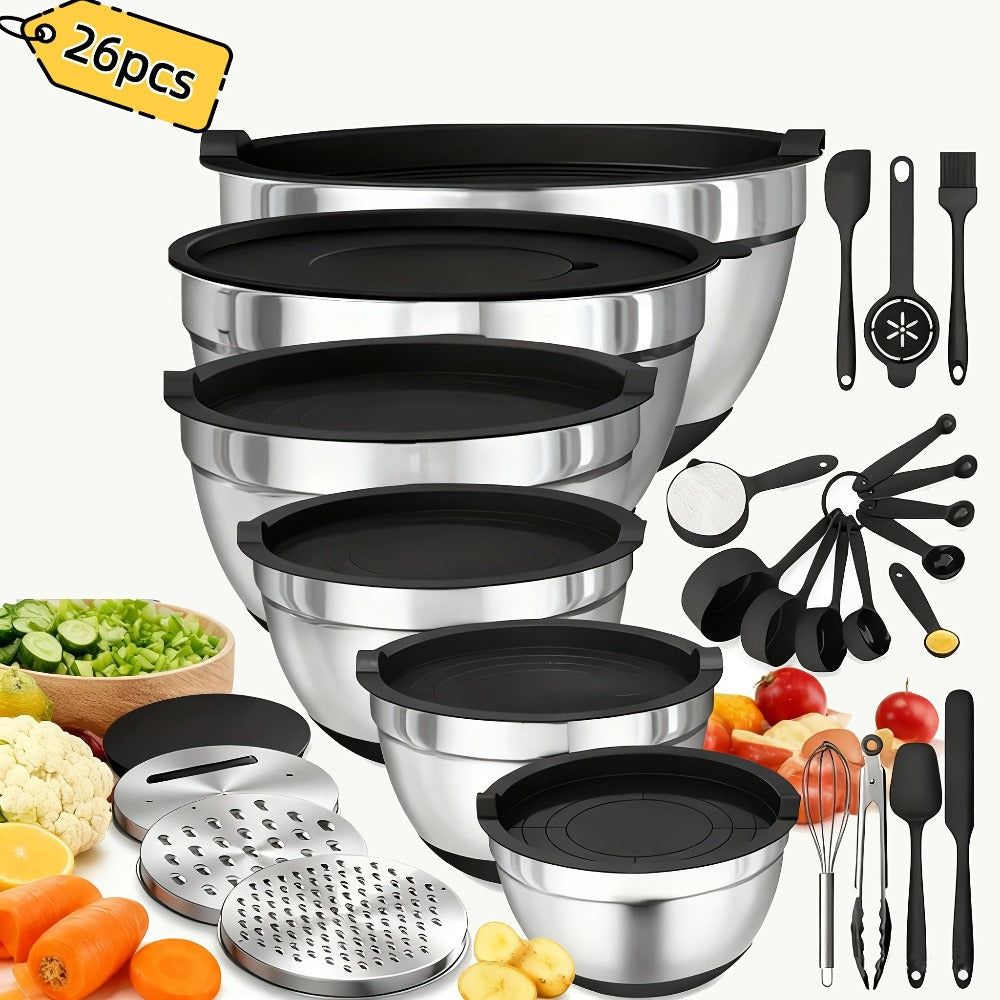26 tazones para ensalada con tapas, 6 tazones mezcladores de acero inoxidable, 3 accesorios de cuchillo mezclador, 17 herramientas de cocina prácticas, antideslizantes, gadgets de cocina resistentes al óxido para ensaladas y más