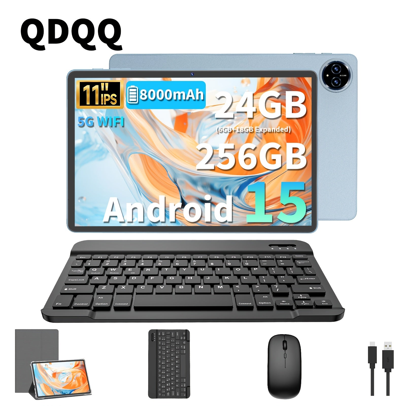 Tablet | Tablet QDDQ 2026 Android 15, 11 pulgadas, 256GB de almacenamiento, 24GB (6GB+18GB Expandido) de RAM, 8000Mah, Tablet 2-en-1 con Teclado