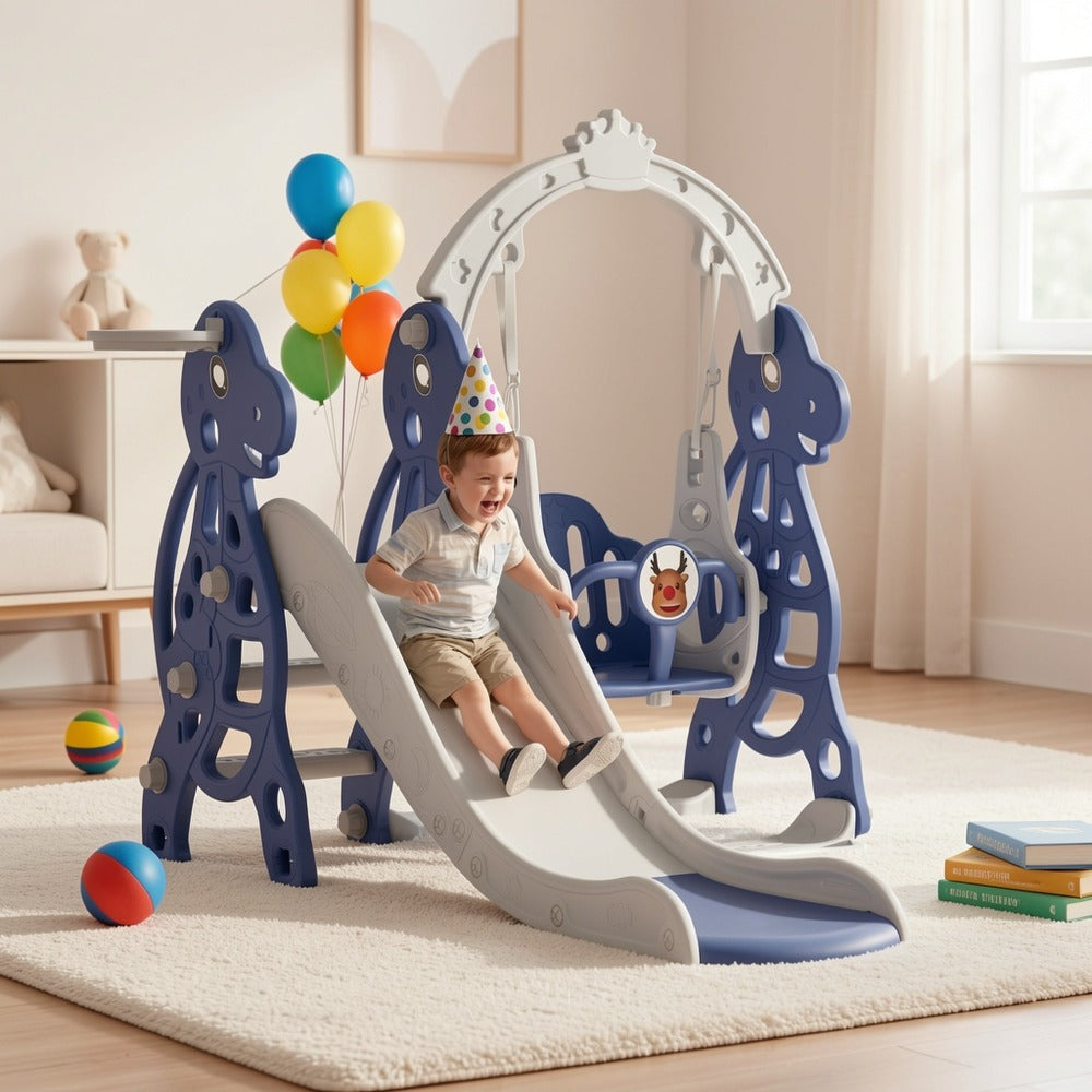 Tobogán infantil arqueado 4 en 1, tobogán infantil con columpio y canasta de baloncesto, longitud del tobogán 145 cm, apto para toboganes infantiles de interior y exterior, toboganes de jardín, toboganes para niños pequeños, parques infantiles