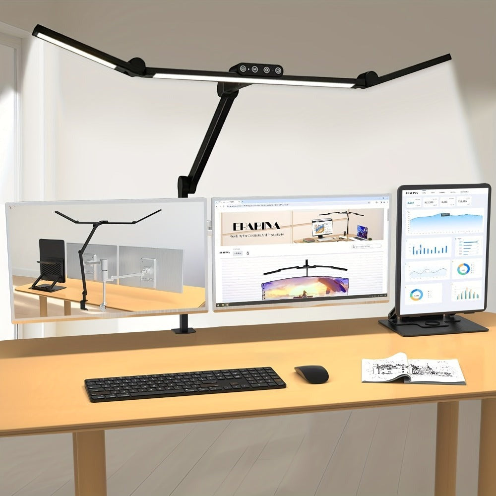 Lámpara de escritorio LED inteligente de cuello de cisne de 24W | Amplio pantalla multi pantalla, clip, iluminación de ángulo arbitrario, brillo y color ajustables, control táctil, gradación de color, montaje de mesa, uso en interiores, fuente de alimenta