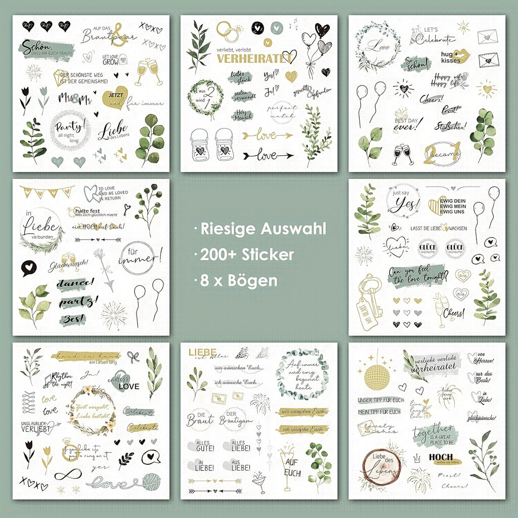 Pegatinas de boda para libro de visitas con más de 200 diseños - 8 páginas de pegatinas de boda, aptas para libros de visitas y álbumes, pegatinas de boda aptas para scrapbooking, decoración de diarios, pegatinas de corazones.