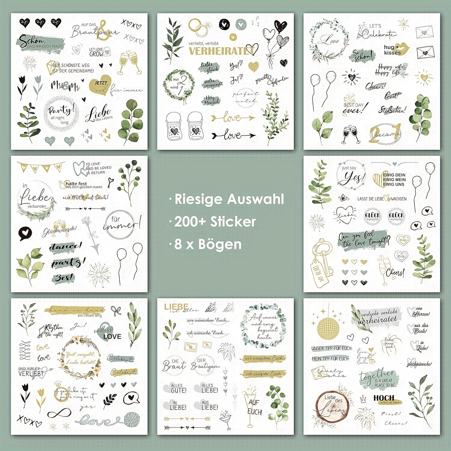Pegatinas de boda para libro de visitas con más de 200 diseños - 8 páginas de pegatinas de boda, aptas para libros de visitas y álbumes, pegatinas de boda aptas para scrapbooking, decoración de diarios, pegatinas de corazones.