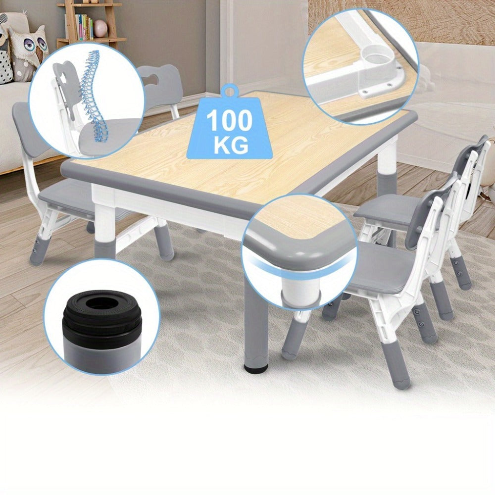 Una mesa acompañada de cuatro sillas, con un diseño de altura ajustable, ideal para una oficina y una mesa de aula que es fácil de limpiar.