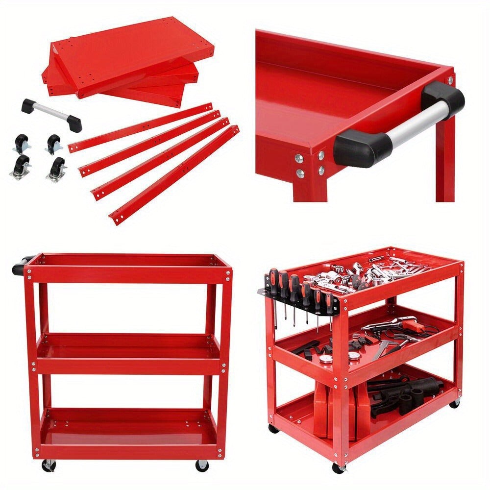 Carro de Herramientas de 3 Niveles ROJO, Almacenamiento de Herramientas, Carro de Garaje Resistente para Taller