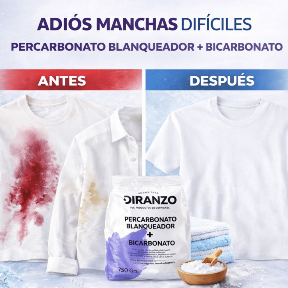Percarbonato Blanqueador Diranzo, Percarbonato Sódico 750g, 100% Puro, Quitamanchas, Higienizante, Apto Ropa blanca y Color, Elimina manchas difíciles y olores, Alarga la vida de la Lavadora