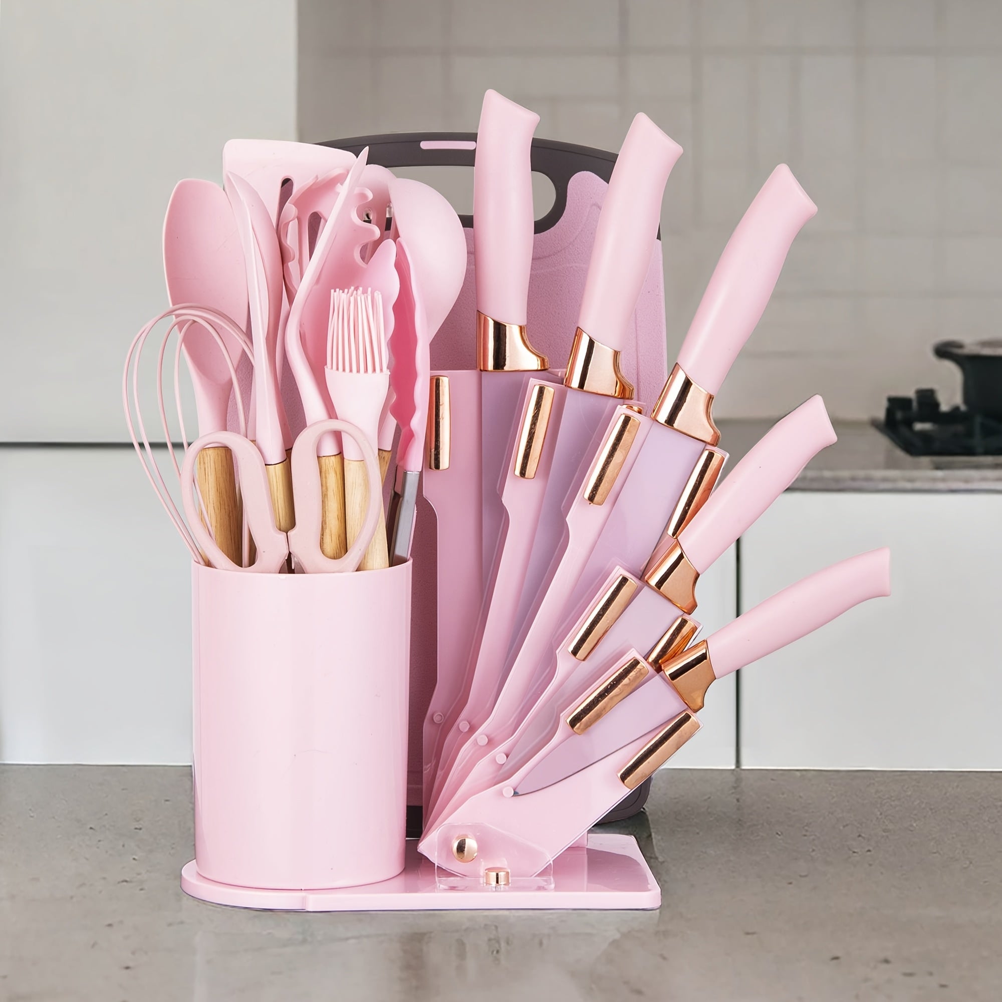 Juego de 19 Piezas de Cuchillos de Cocina con Bloque de Ventilación en Varios Colores. Incluye Cuchillo de Chef, Cuchillo de Carnicería, Cuchillo para Pan, Cuchillo Multiusos, Cuchillo para Frutas y Herramientas de Cocina. Hojas de Acero Inoxidable Premiu
