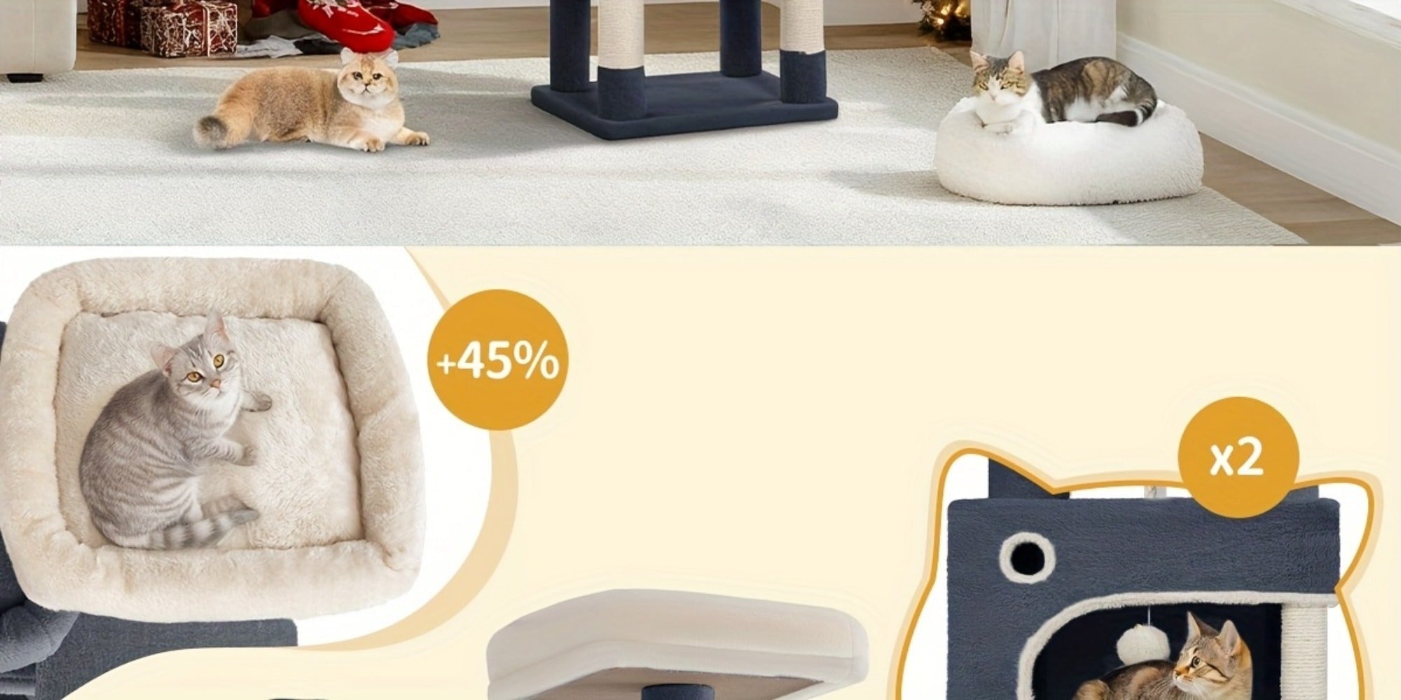 Árbol para Gatos, 180 cm con 8 Postes para Rascar, 3 Plataformas, 2 Cuevas, Cesta, Pelotas de Peluche, Cuerda de Sisal, Adecuado para Gatos de Varios Tamaños, Beige/Gris Claro/Gris Oscuro