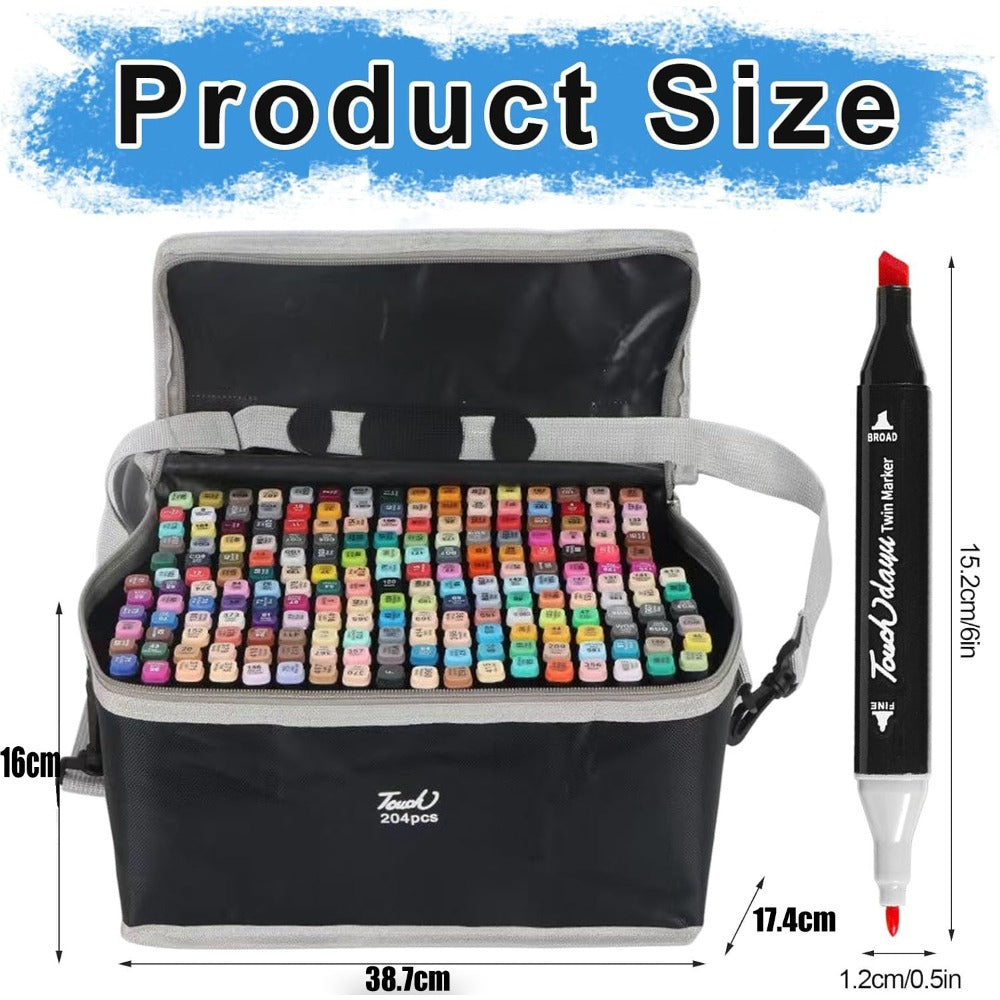 Rotuladores de doble punta de 204 colores con estuche de transporte, ideales para ilustración, colorear, escribir, dibujar y trabajos de diseño