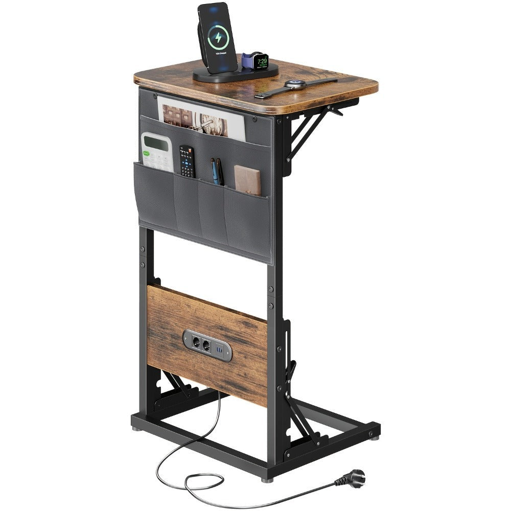 Mesa Auxiliar Plegable con Enchufe y Puertos USB Incorporados, Mesa de Noche Ajustable con Organizador de Almacenamiento para Sofá, Cama, Oficina en Casa