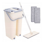 Juego de mopa plana con escurridor, cubo de dos compartimentos + 2 almohadillas de microfibra. Sistema de lavado y secado para limpieza y secado sin mojarse las manos. Cubo de 2 compartimentos con capacidad de 9L y tapones de drenaje. Cabezal giratorio de