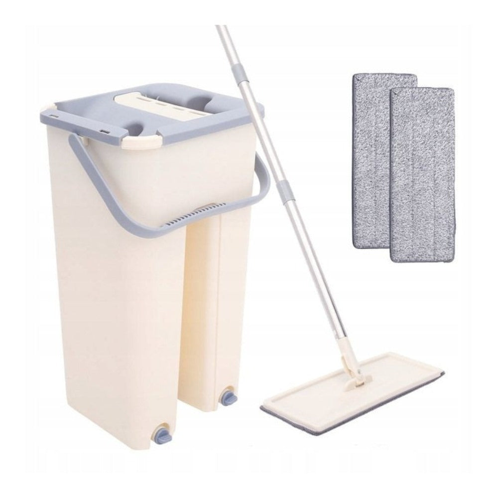 Juego de mopa plana con escurridor, cubo de dos compartimentos + 2 almohadillas de microfibra. Sistema de lavado y secado para limpieza y secado sin mojarse las manos. Cubo de 2 compartimentos con capacidad de 9L y tapones de drenaje. Cabezal giratorio de