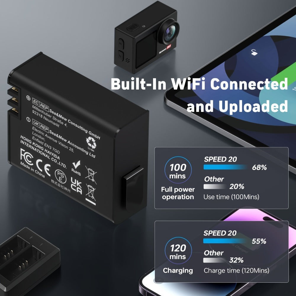 Cámara de Acción 4K HD, con Kit de Accesorios Completo, Pantalla OLED de 1.4 Pulgadas, Estabilización de Imagen Digital, Control de Exposición Automático, Conectividad WiFi, Formato MP4, Lente Ojo de Pez, Enfoque Automático Híbrido, Medición de Peso Centr