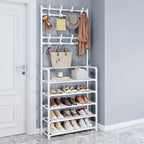 Organizador de Zapatos - Perchero Ahorrador de Espacio, Estante de 5 Niveles con 8 Ganchos, Estructura Robusta de Metal Dorado/Plástico, Diseño Independiente o Montado en Pared para Hogar, Oficina y Tienda - Ideal para Almacenar Zapatos, Abrigos, Sombrero