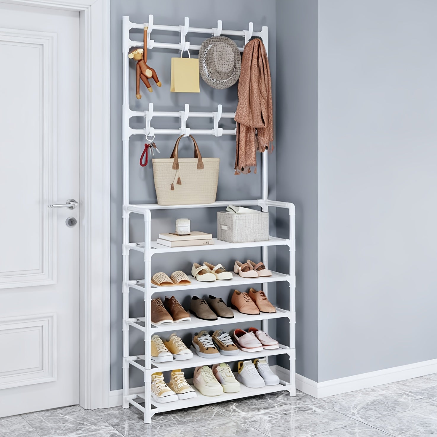 Organizador de Zapatos - Perchero Ahorrador de Espacio, Estante de 5 Niveles con 8 Ganchos, Estructura Robusta de Metal Dorado/Plástico, Diseño Independiente o Montado en Pared para Hogar, Oficina y Tienda - Ideal para Almacenar Zapatos, Abrigos, Sombrero