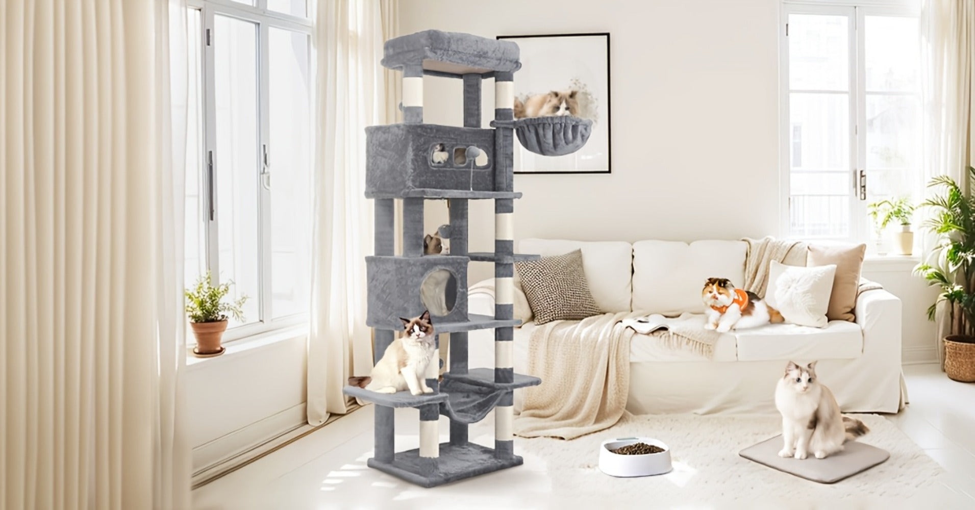 Torre para gatos de interior, 170 cm de alto, casa espaciosa de varios niveles con condominio, 8 postes para rascar, una hamaca y 4 pompones