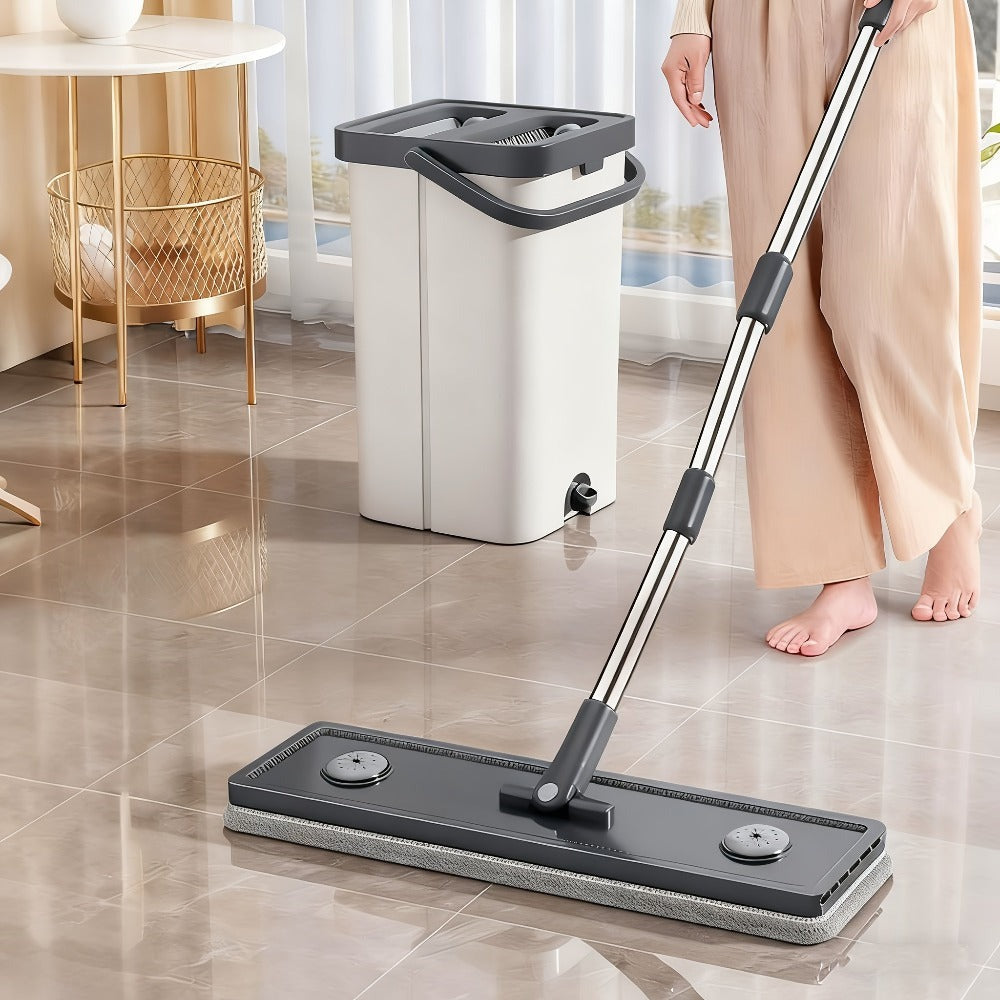 Juego de Fregona Plana y Cubo - Sistema de Limpieza de Autoescurrido sin Manos, Diseño de Doble Cámara, de 360°, Sin Lavado a Mano, Secado Rápido, Mango de Acero Inoxidable para Limpieza del Hogar y Suelos