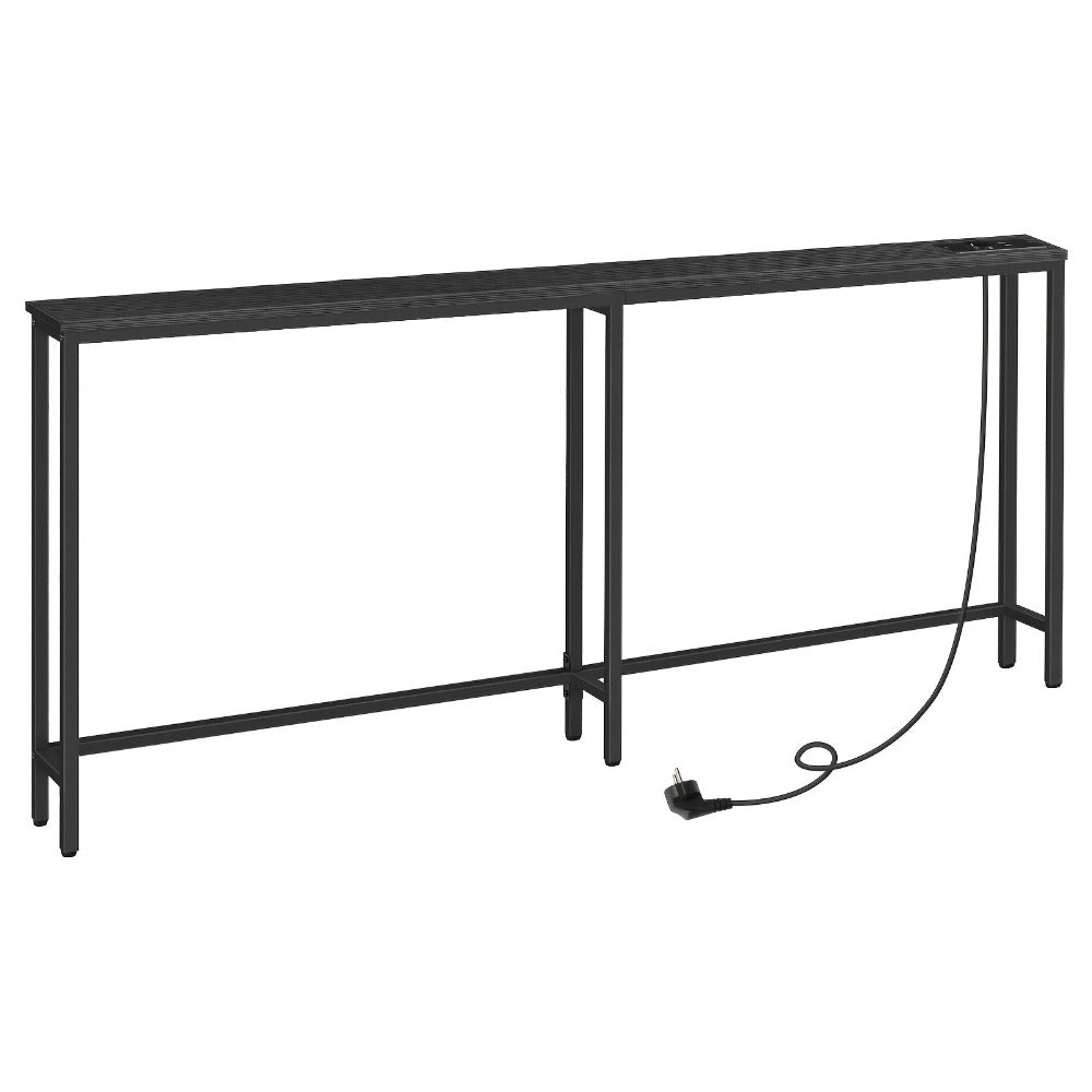 Mesa Estrecha de Consola con Regleta, Mesa de Consola con Estación de Carga, Mesa Estrecha para Sofá, Mesa de Consola Detrás del Sofá, Para Entrada, Pasillo, Marrón Rústico y Negro
