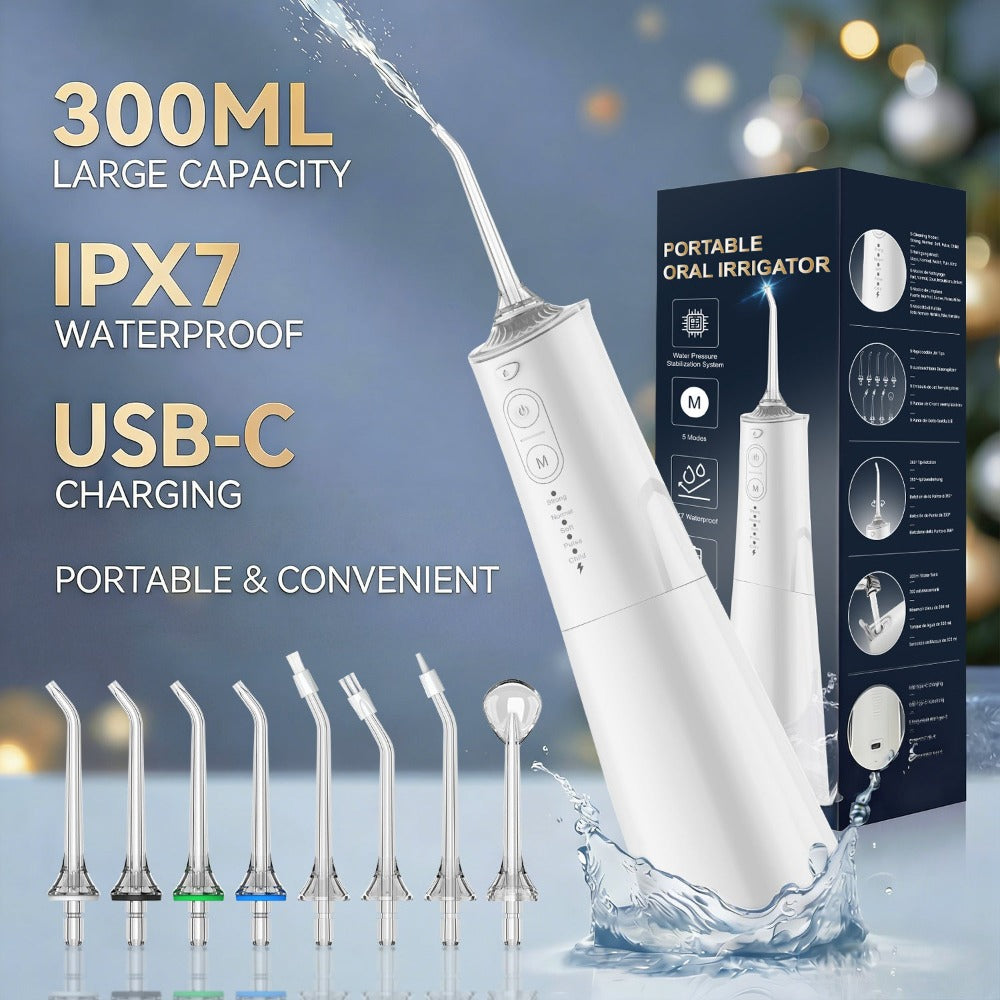 Irrigador bucal portátil recargable, hilo dental con agua para dientes, irrigador dental inalámbrico profesional 8 boquillas 5 modos, IPX7 a prueba de agua 300ML para limpiar los dientes, hogar y viaje