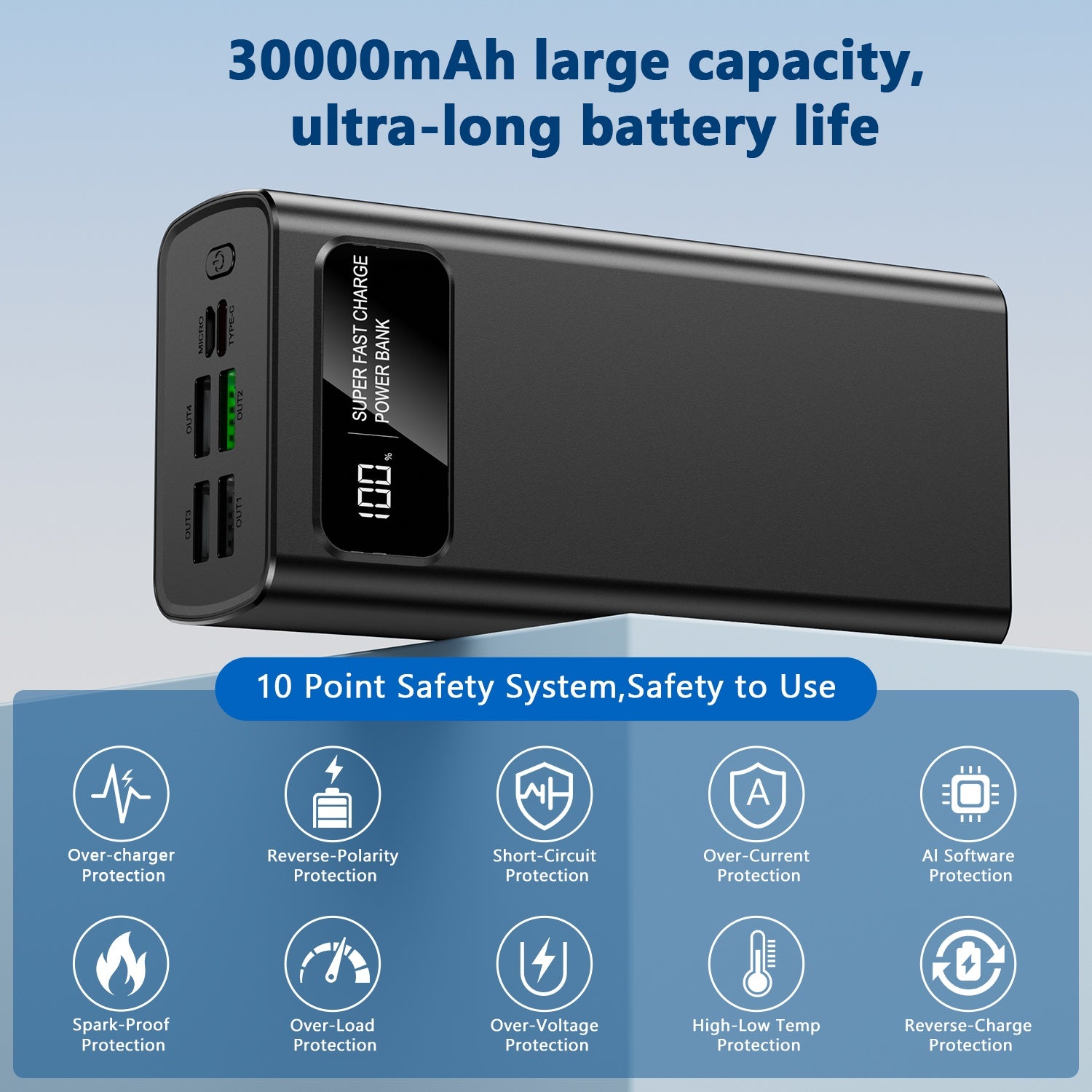 Power bank para carga durante viajes y uso diario | 30000 mAh y 22.5 W