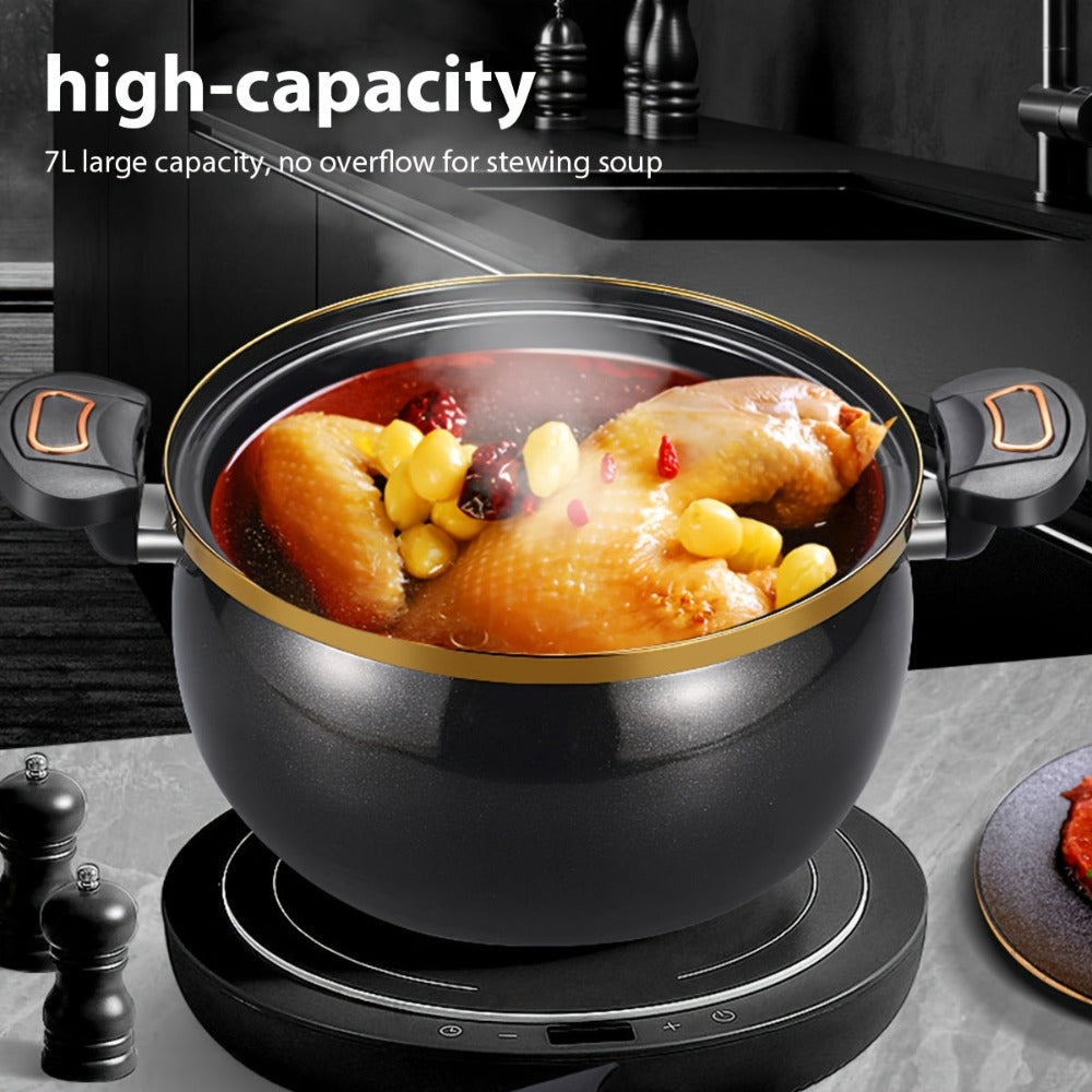 Olla Grande de 28 cm con Tapa de Cierre - Olla Versátil para Sopas y Estofados Rápidos, Compatible con Estufas de Gas, Diseño Elegante en Negro y Dorado, Tapa de Vidrio, Opciones Multicolor de Moda - Regalo Ideal para el Hogar