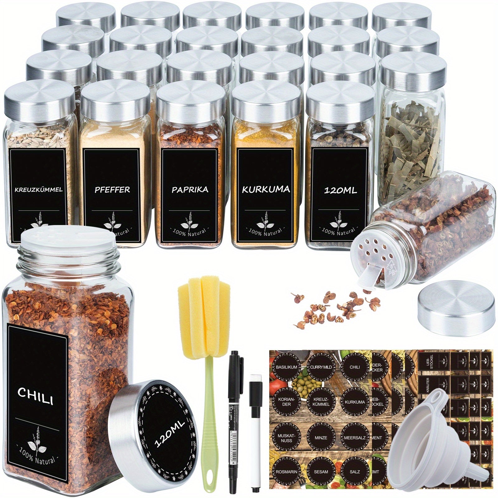 Juego de tarros para especias cuadrados Soontrans [12/24 piezas] con tapa, tarros para especias de 120 ml, agitadores de especias con pegatinas vacías, cepillo de limpieza, colador