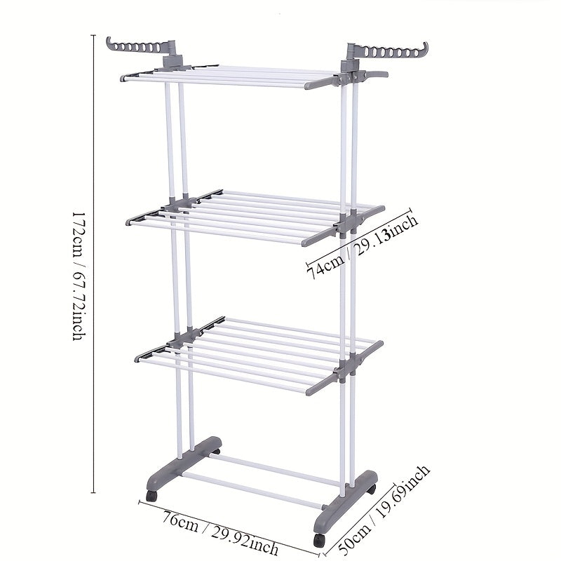 Torre secadora de ropa plegable, torre de metal resistente para lavandería con ruedas, 3 niveles de metal con 6 alas plegables y 2 paneles giratorios, diseño que ahorra espacio, construcción robusta, apta para uso en exteriores e interiores, tendederos