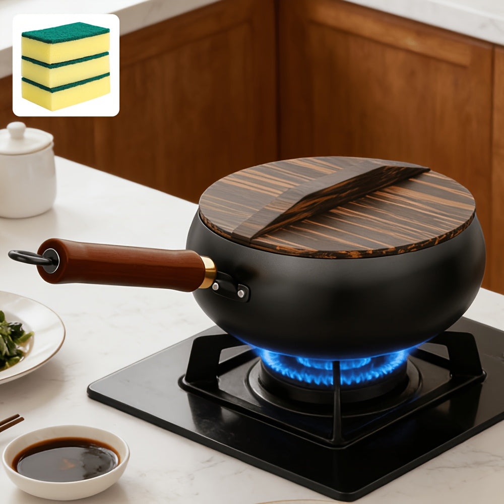 Sartén de hierro fundido duradera, fondo redondo, sartén de hierro forjado sin recubrimiento, fácil de limpiar, apta para estufas de inducción y gas, utensilios de cocina multifuncionales, apta para el hogar, restaurante y camping al aire libre, incluye t