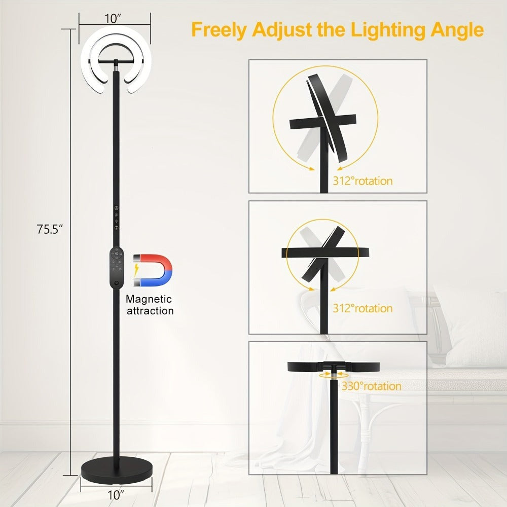 Lámpara de Pie para Sala de Estar, 1.9m de Altura para Dormitorio con 2 Anillos de Luz Giratorios de 312°, 36W Brillante y Regulable sin Escalones