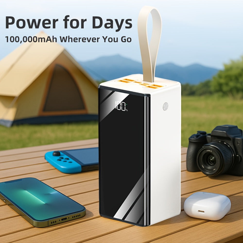 Batería Externa de 100000Mah | Ultra Alta Capacidad y Carga Segura | Pantalla LED y Correa de Cuero | Carga Rápida Multi-Dispositivo | Protección contra Sobrecalentamiento y Sobrecarga | para Android y iOS | Batería de Respaldo de Energía de Emergencia pa