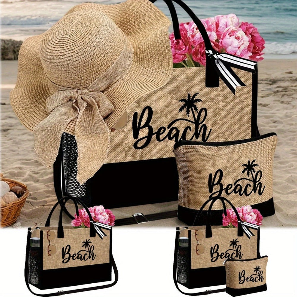 Bolso de Playa para Mujer, con un Diseño Moderno de "Beach" y Sombrero de Playa, Ideal para Vacaciones en la Playa y Bodas al Aire Libre. Un Regalo Perfecto para Mujeres, Madres, Estudiantes y para el Regreso a Clases