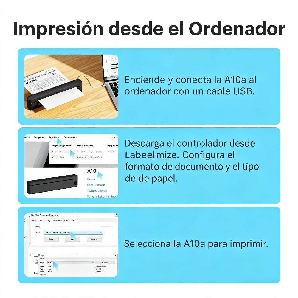 Impresora Térmica Portátil A10 Mejorada, Impresora Térmica Sin Tinta Compatible con Tamaño Carta US y A4, para Negocios/Oficina/Hogar, Compatible con Teléfono, Tablet y Laptop, Viene con 10 Hojas de Papel Térmico