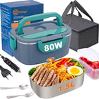 Esta lonchera cuenta con una potencia de 80W y una capacidad de 1.8 litros, lo que la hace ideal para comidas de adultos. Es una lonchera térmica portátil diseñada para calentar alimentos en cualquier lugar. Incluye una bolsa térmica y un juego de cubiert