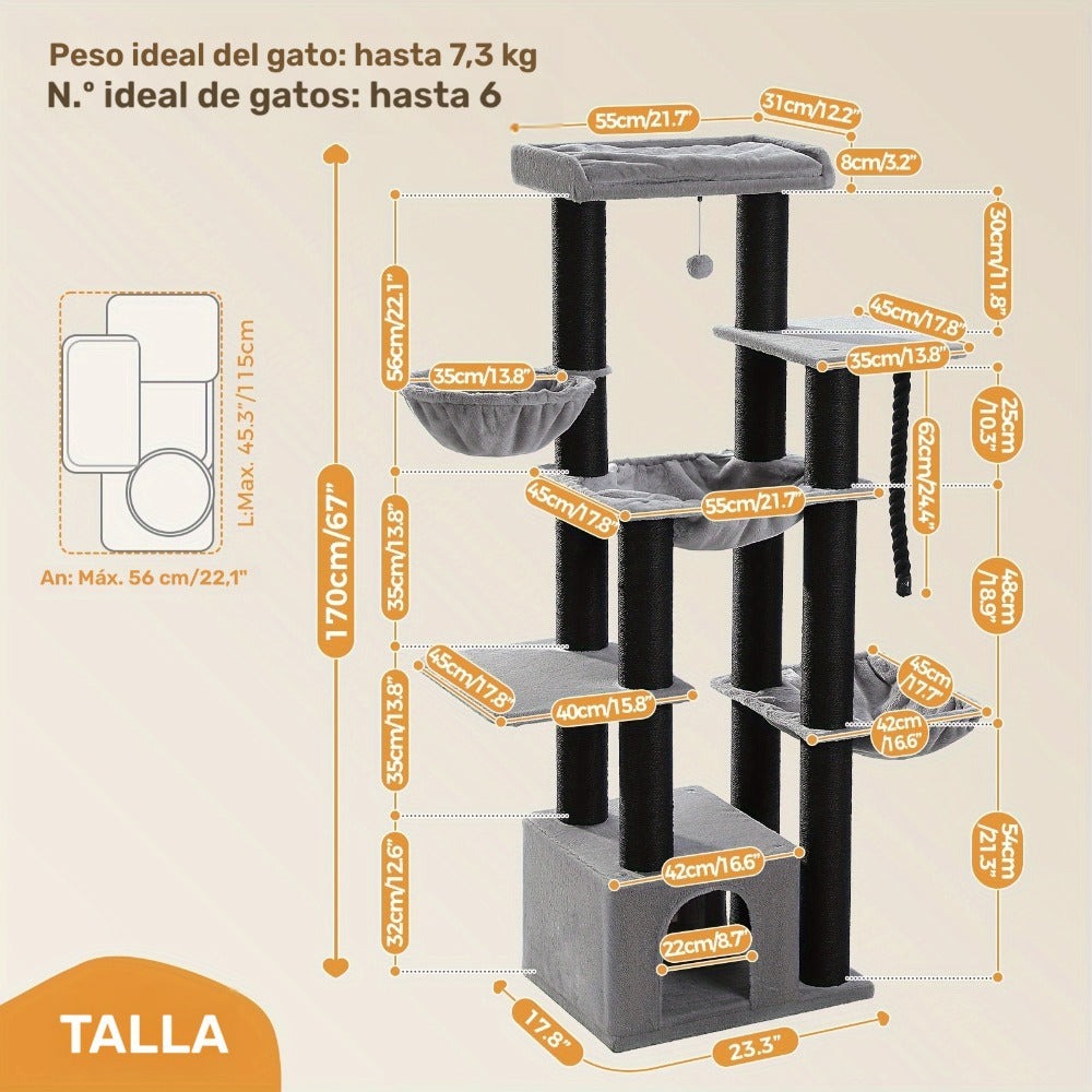Árbol para Gatos Grande - Torre para Gatos de 170 cm de Altura para Gatos Adultos de Interior con 13 Postes de Rascado Negros Gruesos (10.9 cm), Condominio para Gatos de Múltiples Niveles, Plataforma Súper Grande y Hamacas para Maine Coon de 9 kg