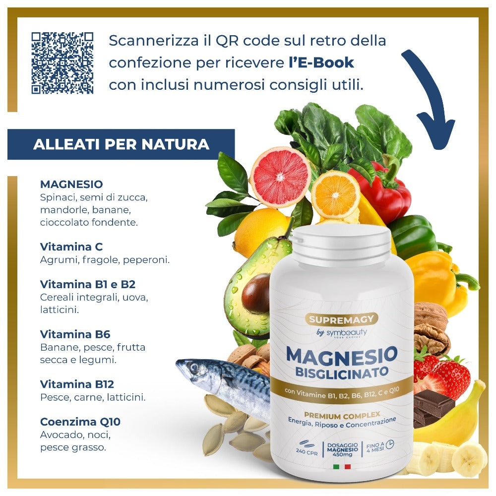 SUPREME MAGNESIO BISGLICINATO 450Mg (Hasta 4 Meses) 240 Pastillas - Complejo Premium | Vitamina B12, B1, B2, B6, C y Coenzima Q10 | Suplemento - Vegano y Hecho en Italia