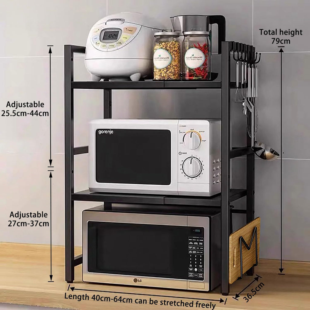 Estante de microondas expandible de 3 niveles, con 4 ganchos, ancho y altura ajustables, organizador de encimera de cocina, estantes de almacenamiento para ollas, sartenes y parrillas, ancho 40-64cm, negro, estante de pie