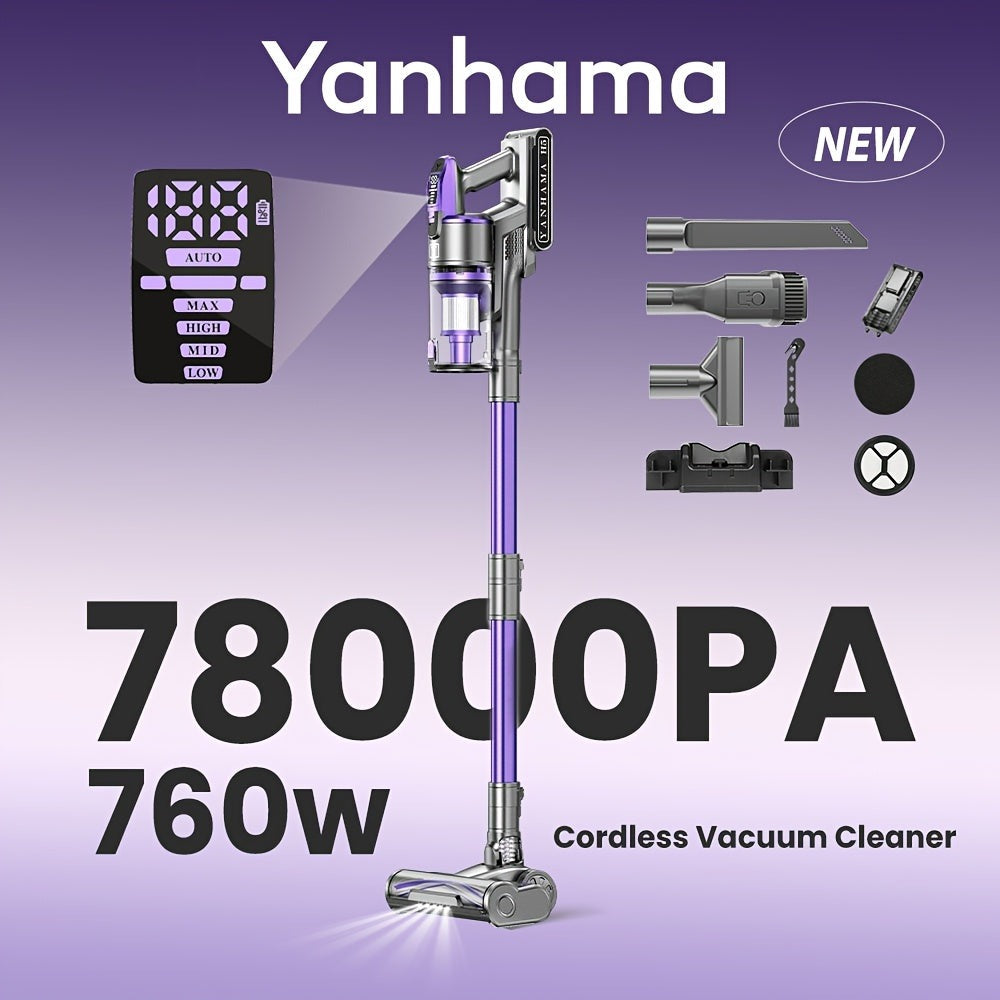 Aspiradora inalámbrica Yanhama/ 78000PA/ Aspiradora inalámbrica 8 en 1/ con cepillo antienredos/ 70 minutos de autonomía/ Aspiradora inalámbrica con pantalla LED/ Aspiradora de mano para pelo de mascotas, suelos duros, alfombras, limpieza de primavera del