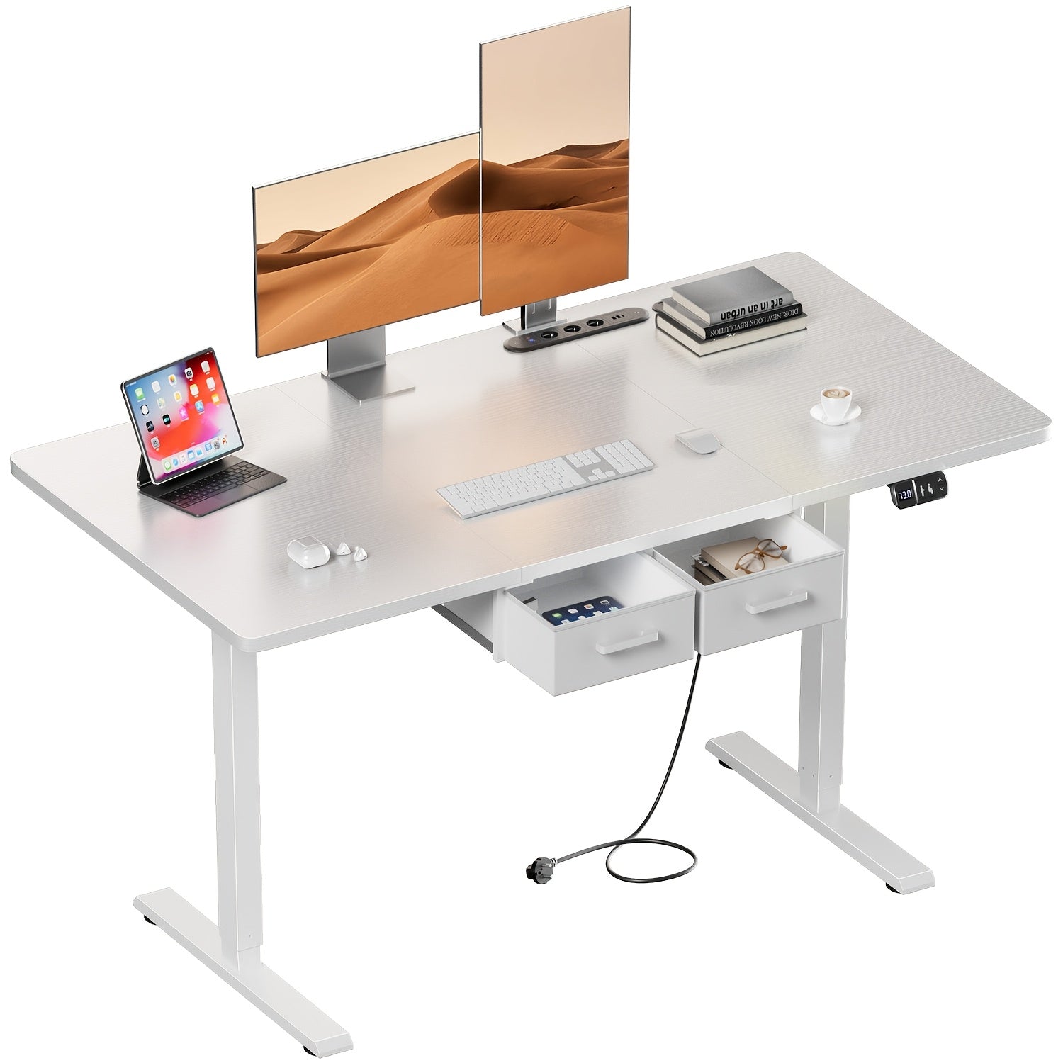 Furnishia Escritorio Eléctrico Elevable con Tomas de Corriente, Escritorio Inteligente con Panel de Memoria y Altura Ajustable con 2 Cajones, Escritorio para Oficina y Estación de Trabajo para Escritura
