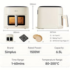 La freidora de aire Simplus tiene una amplia capacidad de 6.5L, adecuada para 5 a 8 personas. Es compacta para un fácil almacenamiento y cuenta con una ventana de cocción visual junto con una pantalla táctil LCD holográfica completa para un uso sencillo.