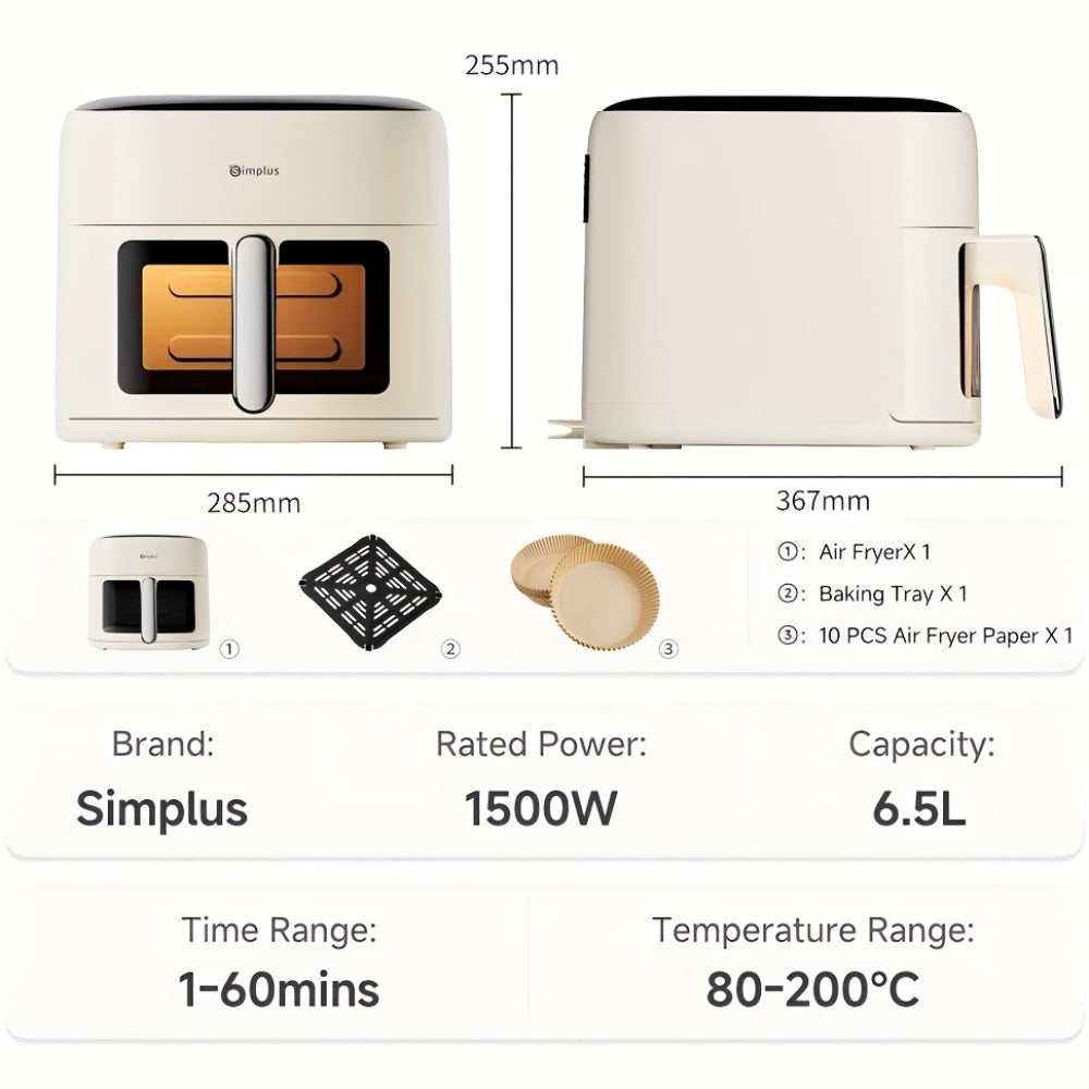La freidora de aire Simplus tiene una amplia capacidad de 6.5L, adecuada para 5 a 8 personas. Es compacta para un fácil almacenamiento y cuenta con una ventana de cocción visual junto con una pantalla táctil LCD holográfica completa para un uso sencillo.